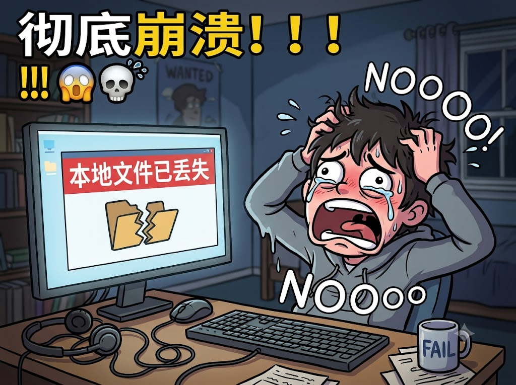 本地文件丢失后的崩溃场景插画